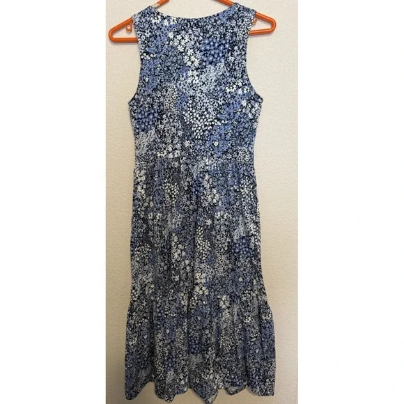LOFT‎ X-Small Blue Floral Sleeveless Tiered Midi Dress Cottagecore Casual - Picture 2 of 5